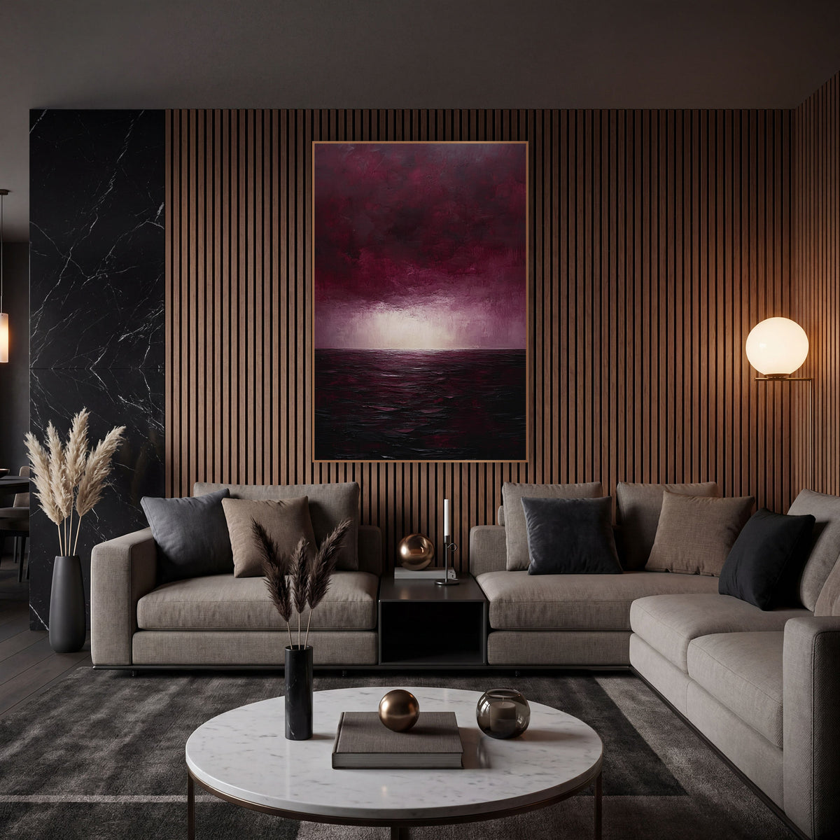 Burgundy Sky Dark Sea Seascape wall art in an elegant modern room – seascape with heavy burgundy clouds, a pale