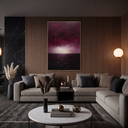Burgundy Sky Dark Sea Seascape wall art in an elegant modern room – seascape with heavy burgundy clouds, a pale