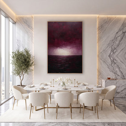 Burgundy Sky Dark Sea Seascape wall art in an elegant modern room – seascape with heavy burgundy clouds, a pale