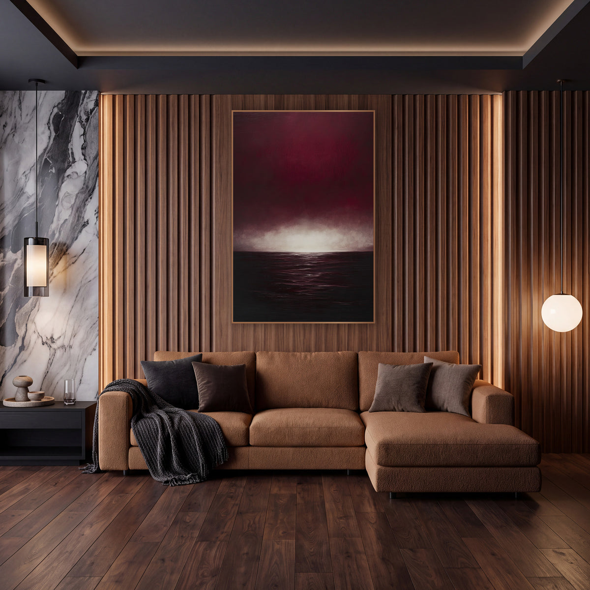 Ruby Sea Glow Moody Seascape wall art in an elegant modern room – deep burgundy sky with a glowing pale horizon above
