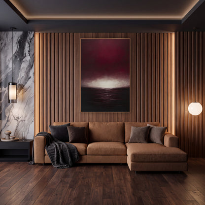 Ruby Sea Glow Moody Seascape wall art in an elegant modern room – deep burgundy sky with a glowing pale horizon above