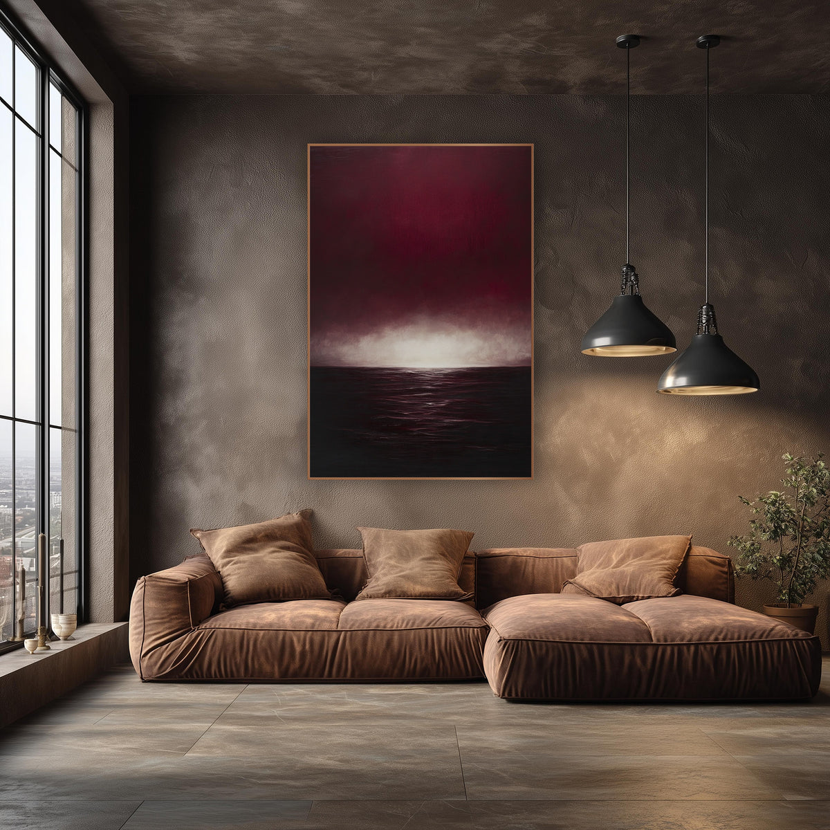 Ruby Sea Glow Moody Seascape wall art in an elegant modern room – deep burgundy sky with a glowing pale horizon above