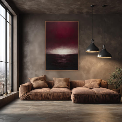 Ruby Sea Glow Moody Seascape wall art in an elegant modern room – deep burgundy sky with a glowing pale horizon above