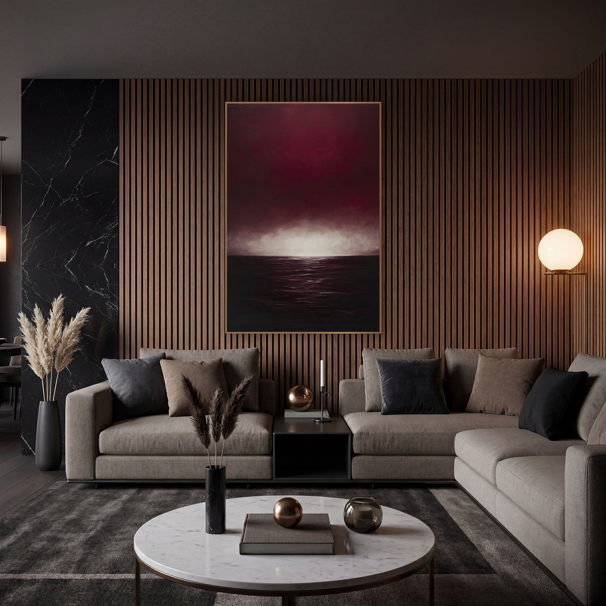 Ruby Sea Glow Moody Seascape wall art in an elegant modern room – deep burgundy sky with a glowing pale horizon above