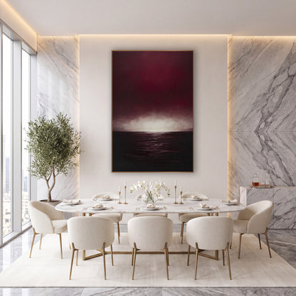 Ruby Sea Glow Moody Seascape wall art in an elegant modern room – deep burgundy sky with a glowing pale horizon above
