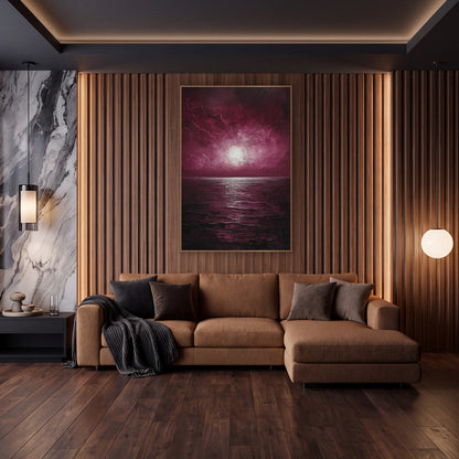 Glowing Dusk Seascape Moody Luxe wall art in an elegant modern room – burgundy sky with a bright white glow above