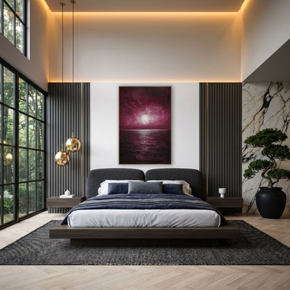 Glowing Dusk Seascape Moody Luxe wall art in an elegant modern room – burgundy sky with a bright white glow above