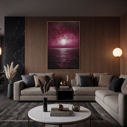 Glowing Dusk Seascape Moody Luxe wall art in an elegant modern room – burgundy sky with a bright white glow above