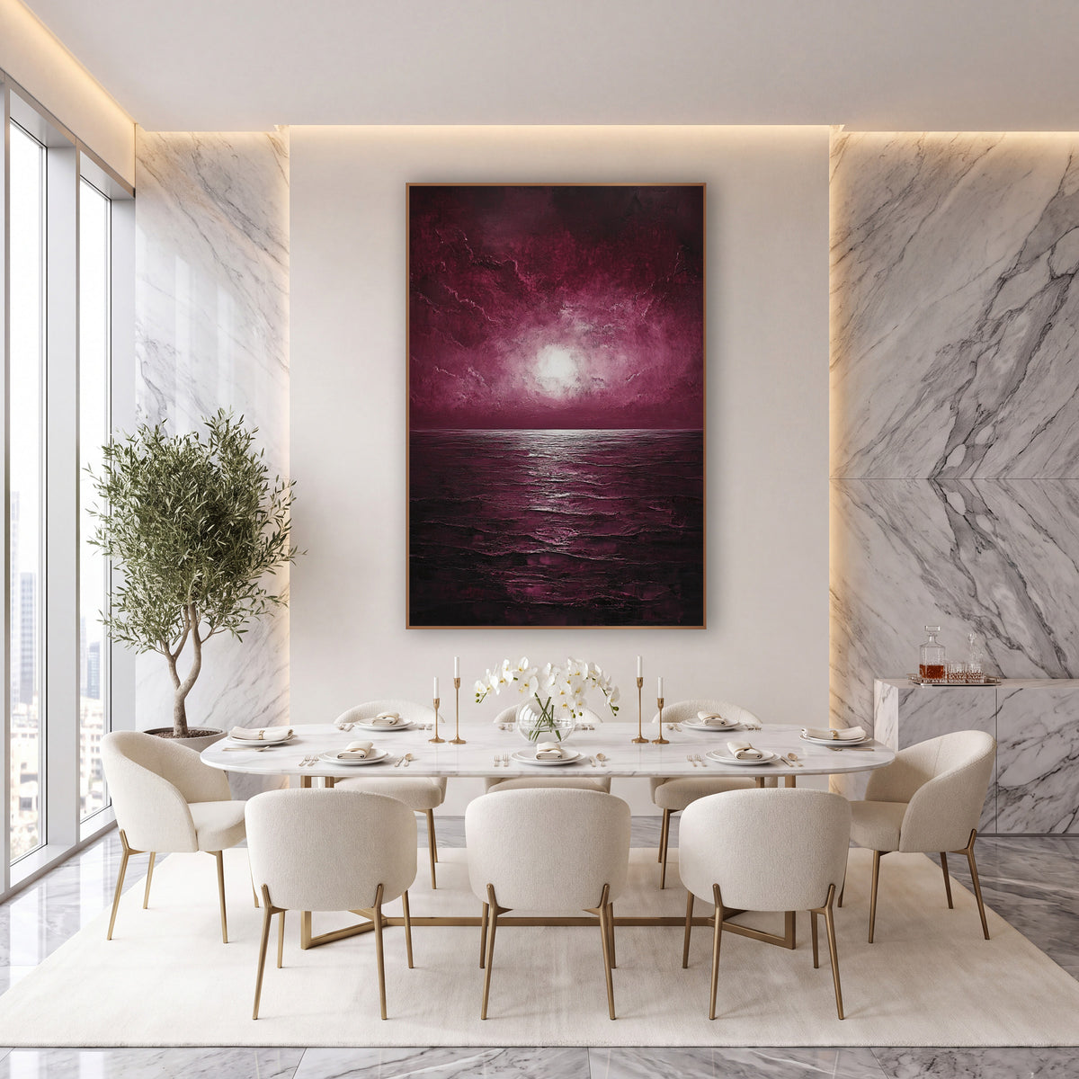 Glowing Dusk Seascape Moody Luxe wall art in an elegant modern room – burgundy sky with a bright white glow above