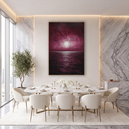 Glowing Dusk Seascape Moody Luxe wall art in an elegant modern room – burgundy sky with a bright white glow above