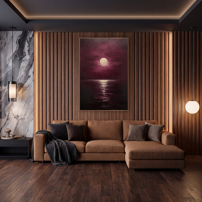 Burgundy Full Moon Reflection Painterly wall art in an elegant modern room – pale full moon in a burgundy cloudy sky
