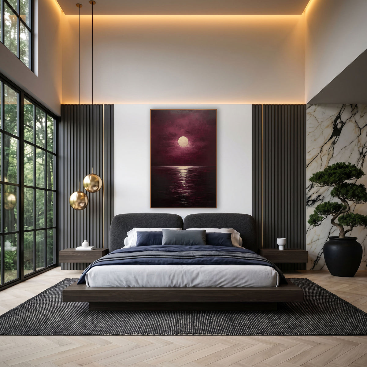 Burgundy Full Moon Reflection Painterly wall art in an elegant modern room – pale full moon in a burgundy cloudy sky