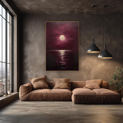 Burgundy Full Moon Reflection Painterly wall art in an elegant modern room – pale full moon in a burgundy cloudy sky