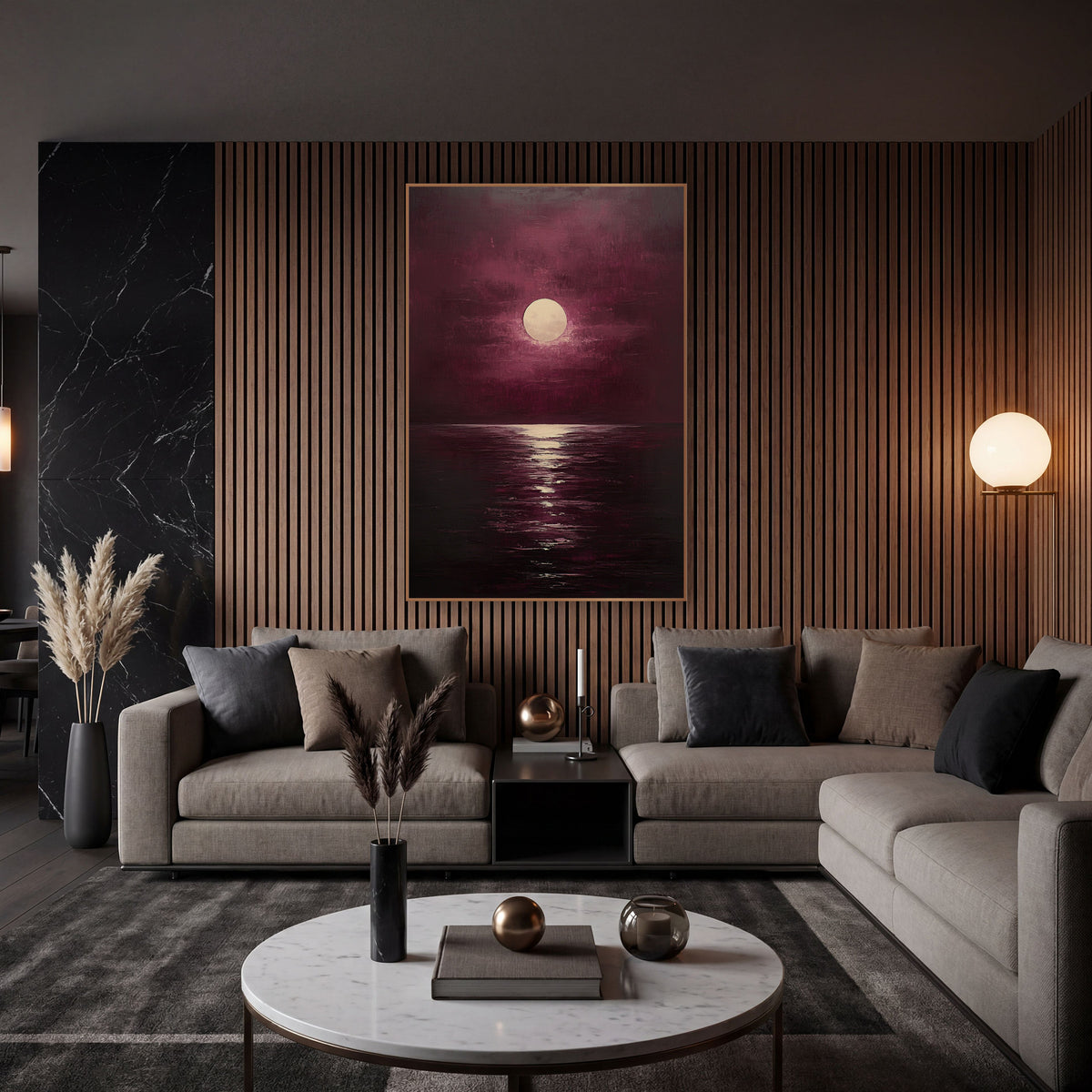 Burgundy Full Moon Reflection Painterly wall art in an elegant modern room – pale full moon in a burgundy cloudy sky