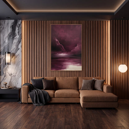 Burgundy Twin Cloud Billows Oil wall art in an elegant modern room – burgundy storm clouds part over a dark horizon