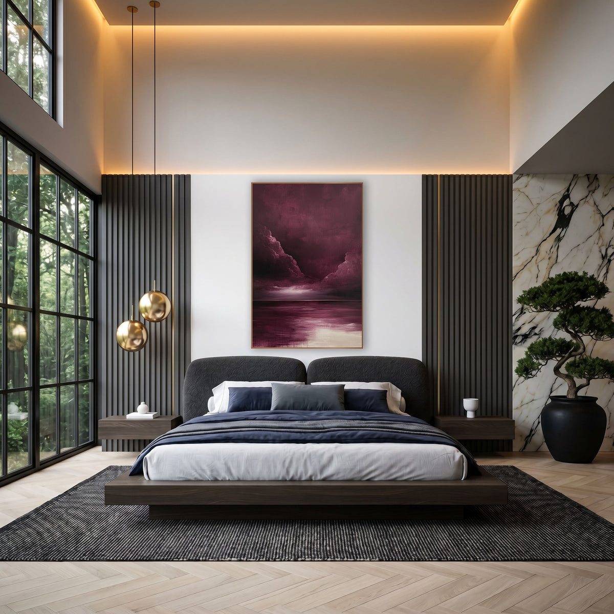 Burgundy Twin Cloud Billows Oil wall art in an elegant modern room – burgundy storm clouds part over a dark horizon