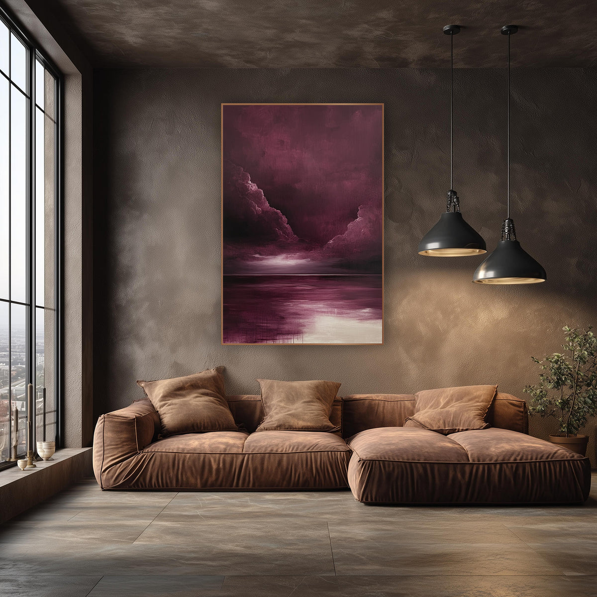 Burgundy Twin Cloud Billows Oil wall art in an elegant modern room – burgundy storm clouds part over a dark horizon