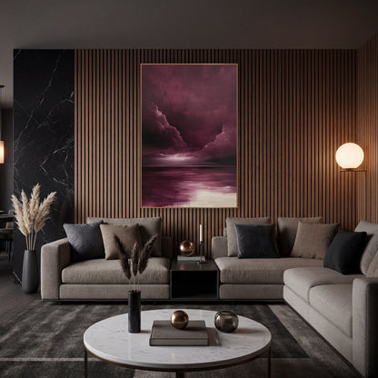 Burgundy Twin Cloud Billows Oil wall art in an elegant modern room – burgundy storm clouds part over a dark horizon