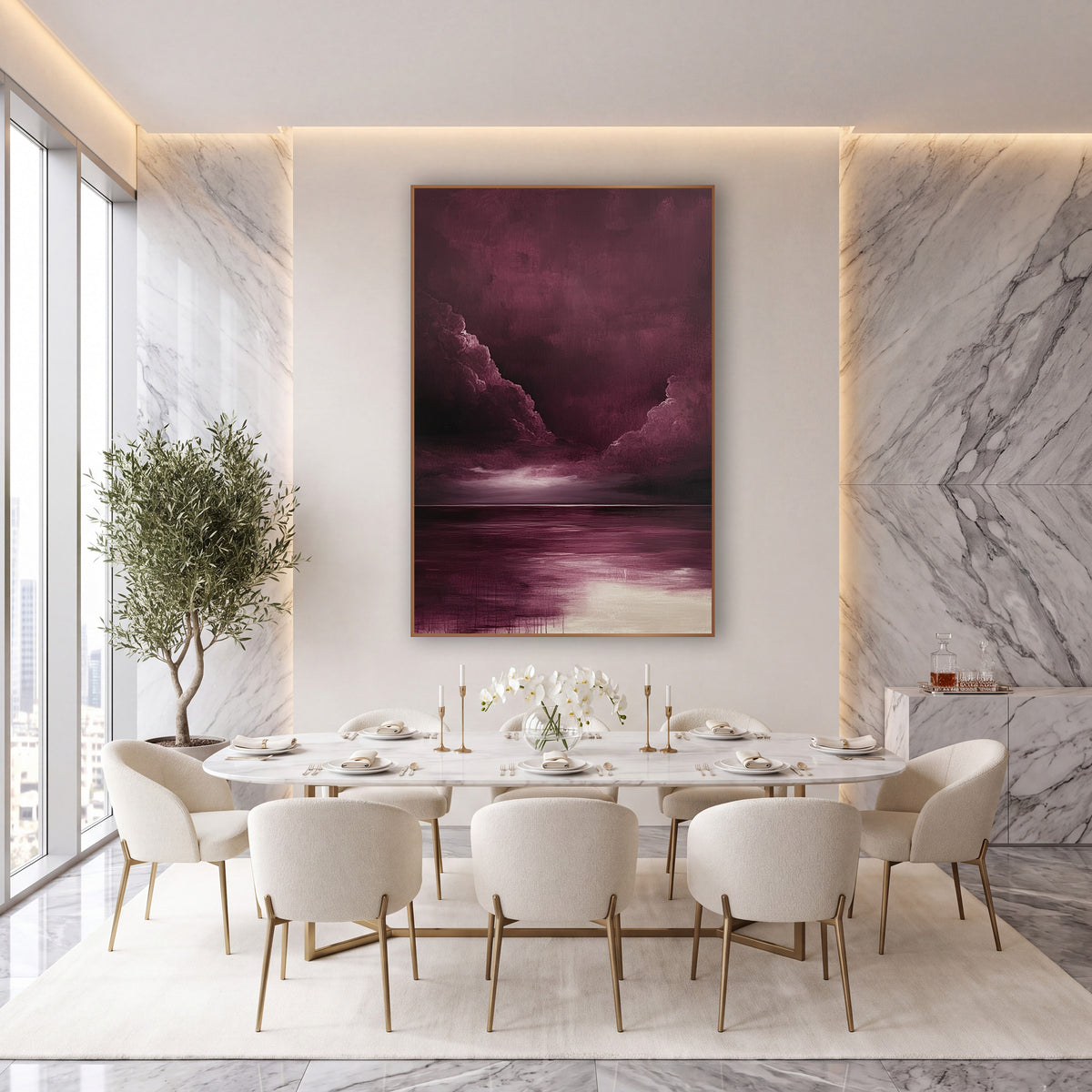 Burgundy Twin Cloud Billows Oil wall art in an elegant modern room – burgundy storm clouds part over a dark horizon