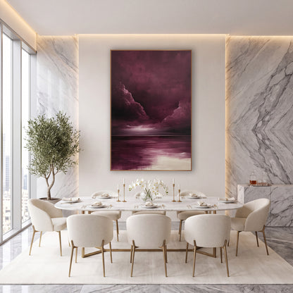 Burgundy Twin Cloud Billows Oil wall art in an elegant modern room – burgundy storm clouds part over a dark horizon