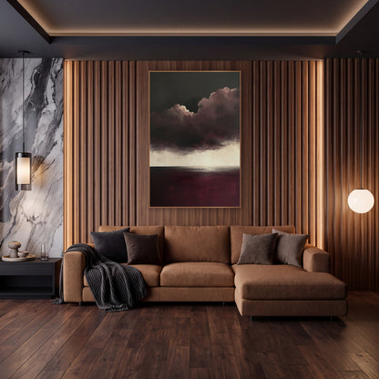 Burgundy Anvil Cloud Cream Horizon wall art in an elegant modern room – abstract seascape with dark plum storm clouds