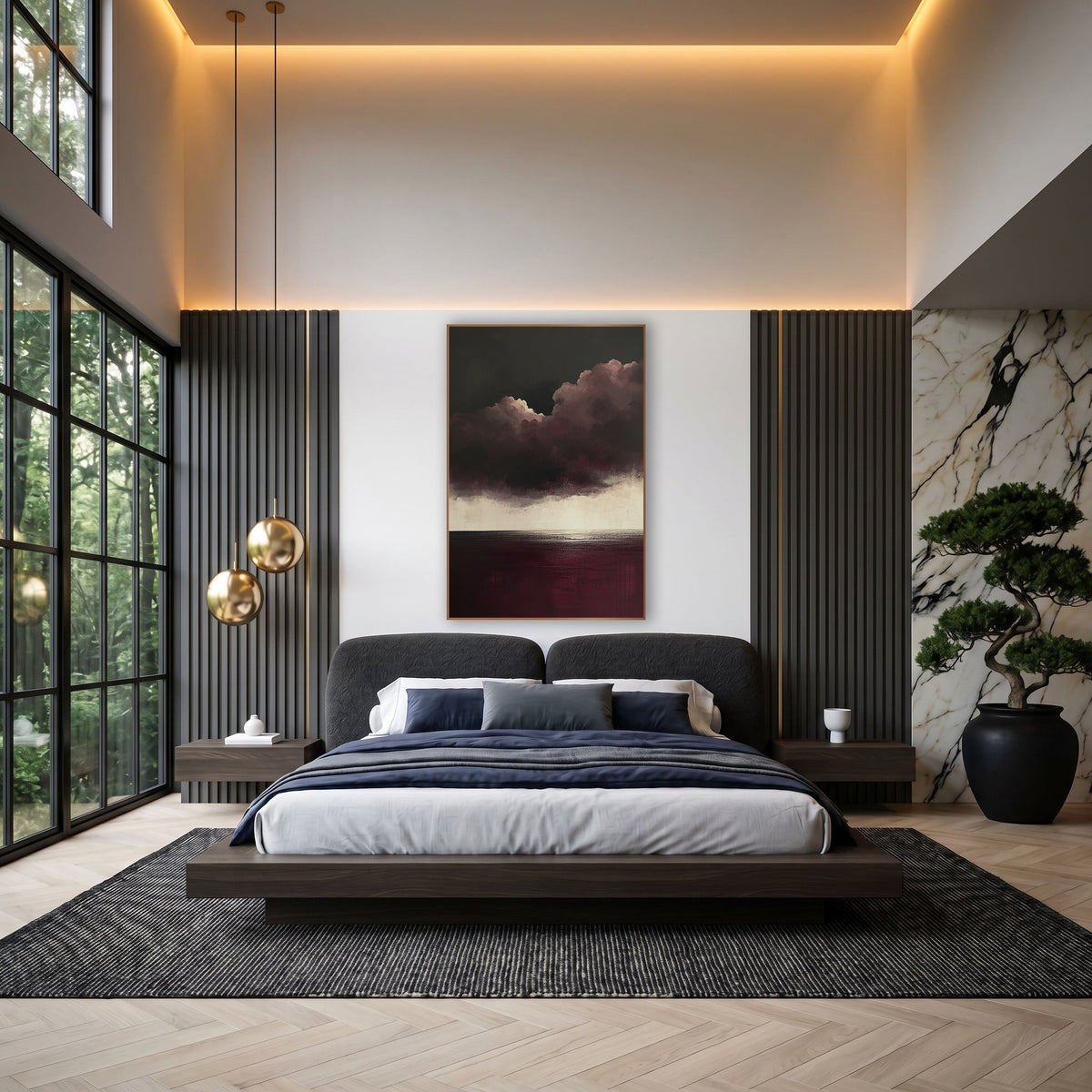 Burgundy Anvil Cloud Cream Horizon wall art in an elegant modern room – abstract seascape with dark plum storm clouds