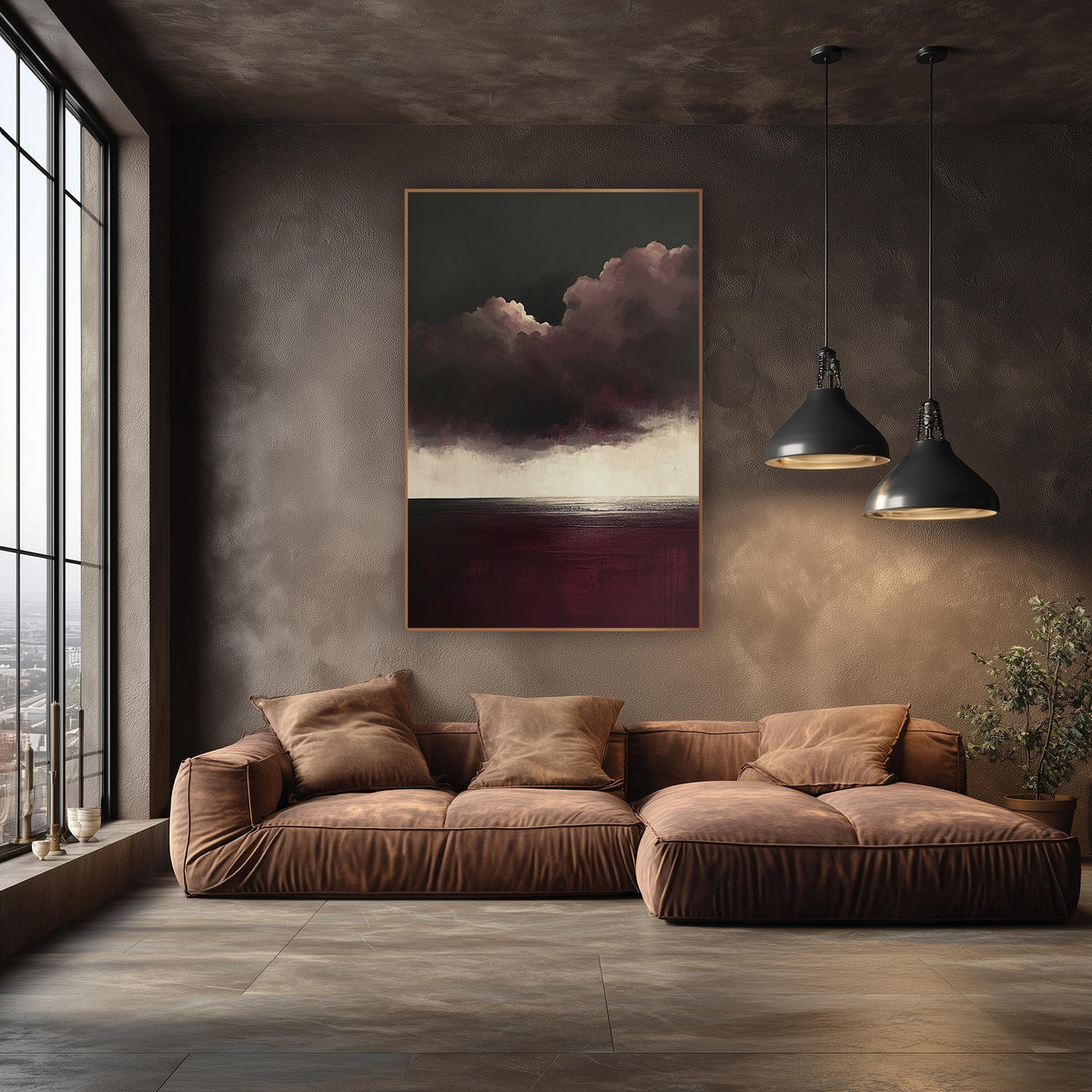 Burgundy Anvil Cloud Cream Horizon wall art in an elegant modern room – abstract seascape with dark plum storm clouds