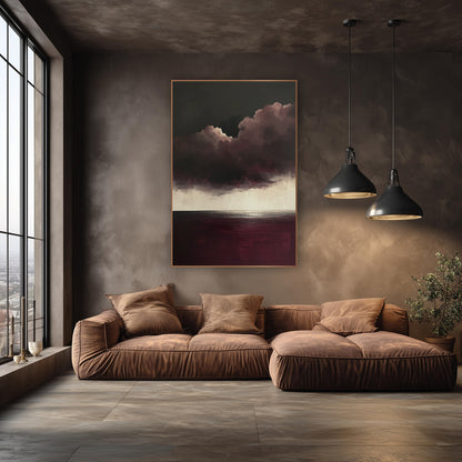 Burgundy Anvil Cloud Cream Horizon wall art in an elegant modern room – abstract seascape with dark plum storm clouds