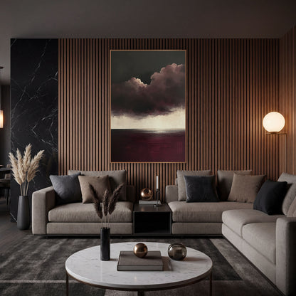 Burgundy Anvil Cloud Cream Horizon wall art in an elegant modern room – abstract seascape with dark plum storm clouds