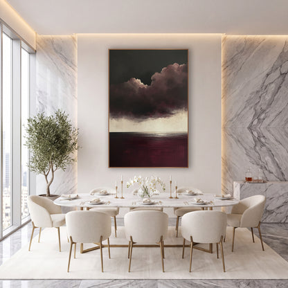 Burgundy Anvil Cloud Cream Horizon wall art in an elegant modern room – abstract seascape with dark plum storm clouds