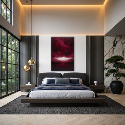 Crimson Cloud Light Break Valley wall art in an elegant modern room – burgundy storm clouds over low hills and dark