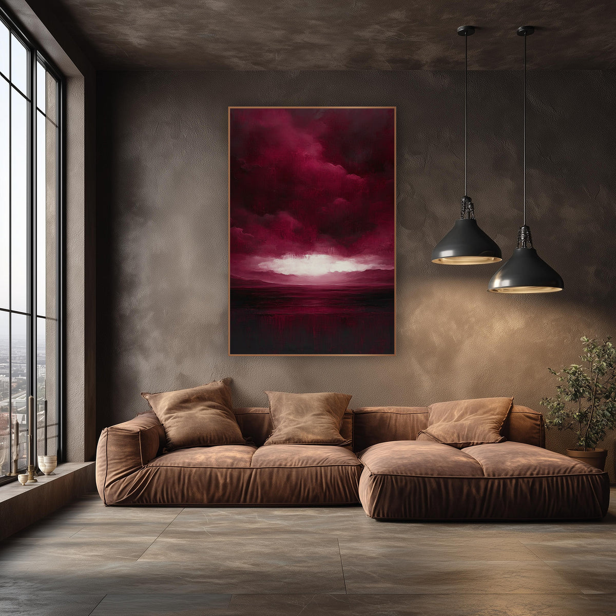 Crimson Cloud Light Break Valley wall art in an elegant modern room – burgundy storm clouds over low hills and dark
