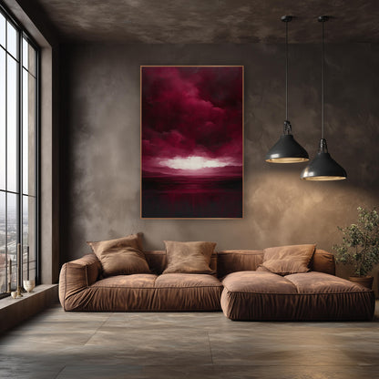 Crimson Cloud Light Break Valley wall art in an elegant modern room – burgundy storm clouds over low hills and dark