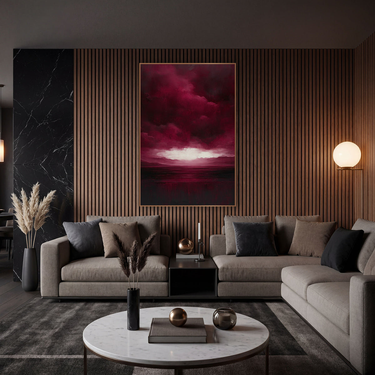 Crimson Cloud Light Break Valley wall art in an elegant modern room – burgundy storm clouds over low hills and dark
