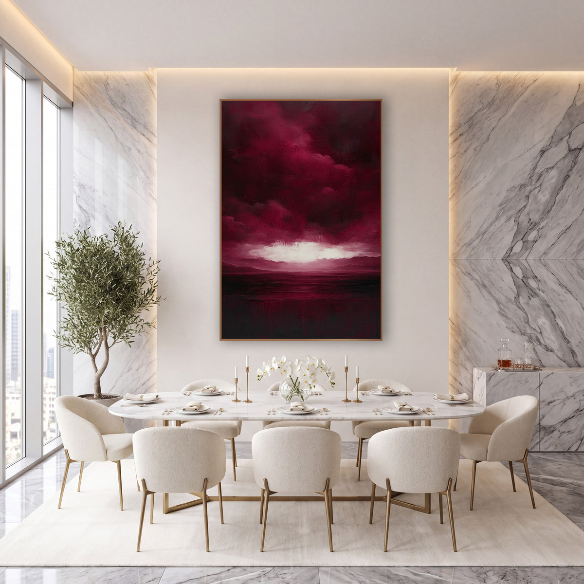 Crimson Cloud Light Break Valley wall art in an elegant modern room – burgundy storm clouds over low hills and dark