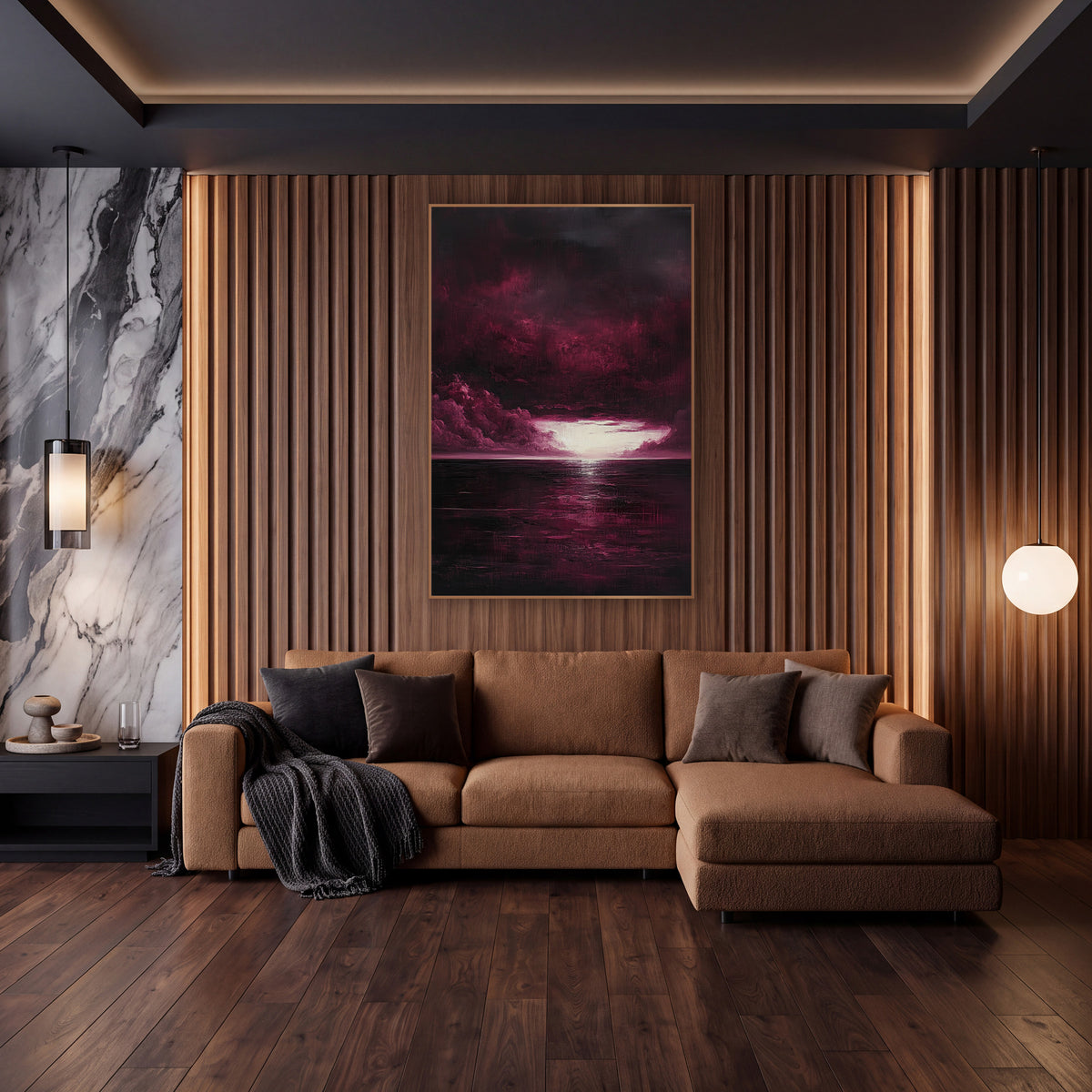 Burgundy Glowing Sky Opening Sea wall art in an elegant modern room – burgundy storm clouds part over a dark sea