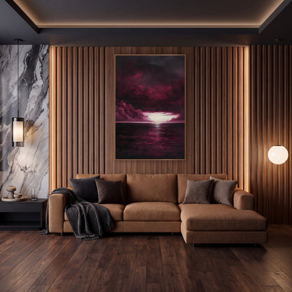 Burgundy Glowing Sky Opening Sea wall art in an elegant modern room – burgundy storm clouds part over a dark sea