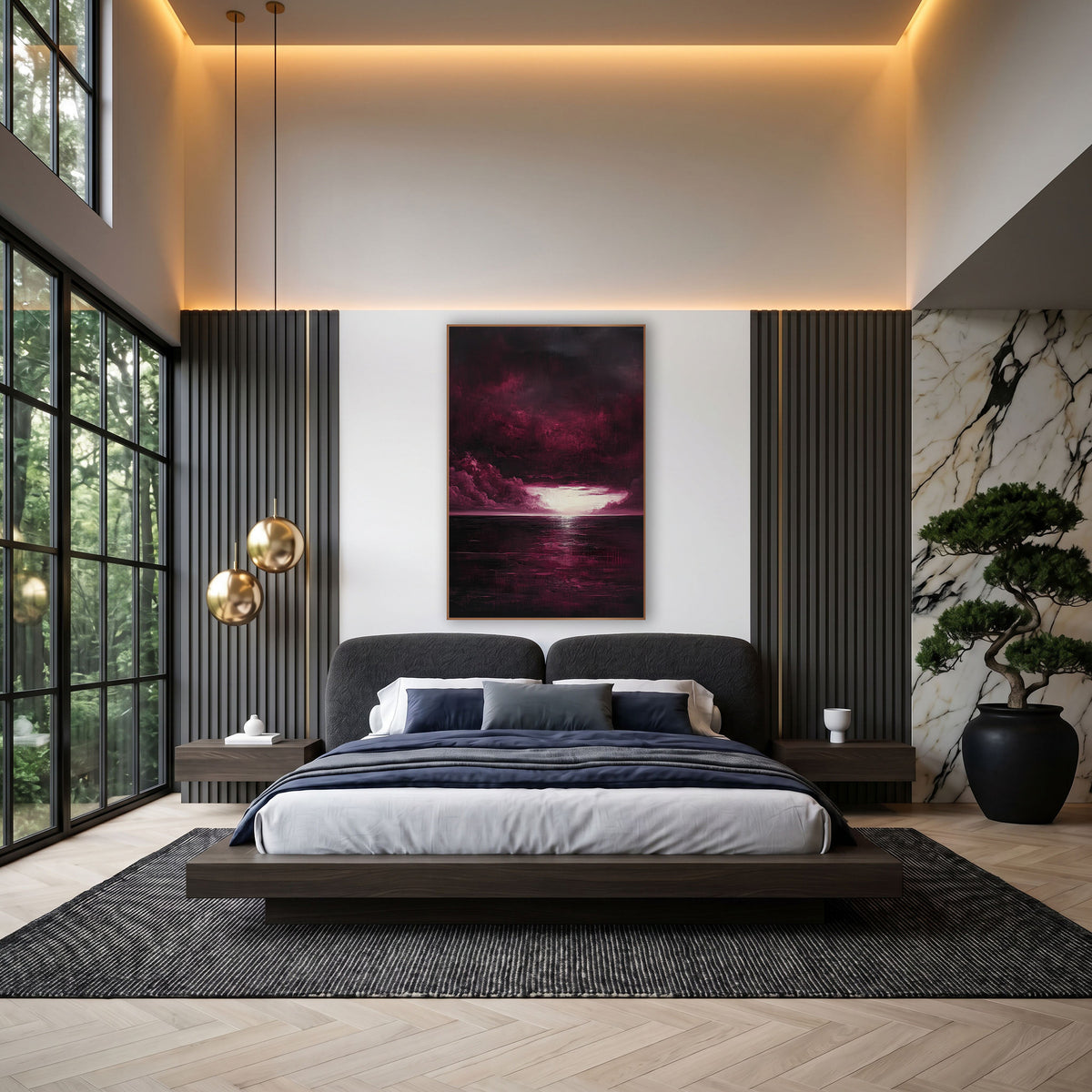 Burgundy Glowing Sky Opening Sea wall art in an elegant modern room – burgundy storm clouds part over a dark sea