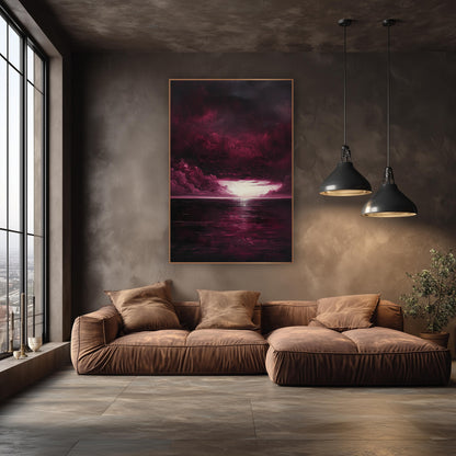 Burgundy Glowing Sky Opening Sea wall art in an elegant modern room – burgundy storm clouds part over a dark sea