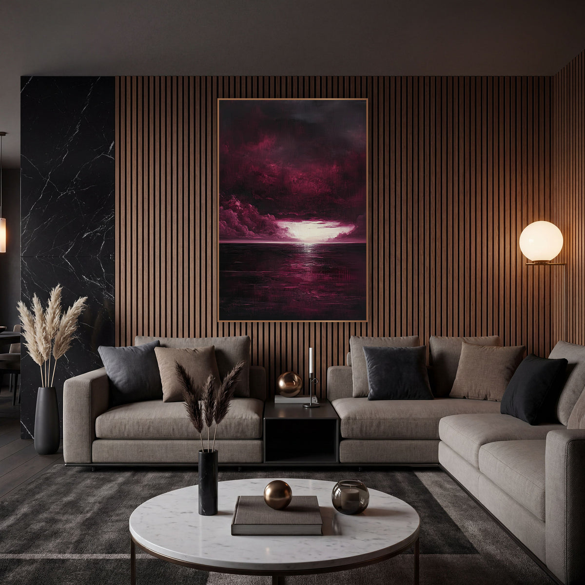 Burgundy Glowing Sky Opening Sea wall art in an elegant modern room – burgundy storm clouds part over a dark sea
