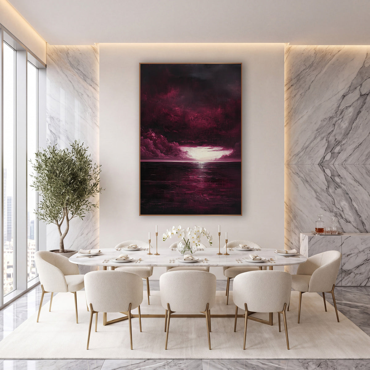 Burgundy Glowing Sky Opening Sea wall art in an elegant modern room – burgundy storm clouds part over a dark sea