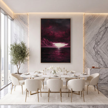 Burgundy Glowing Sky Opening Sea wall art in an elegant modern room – burgundy storm clouds part over a dark sea