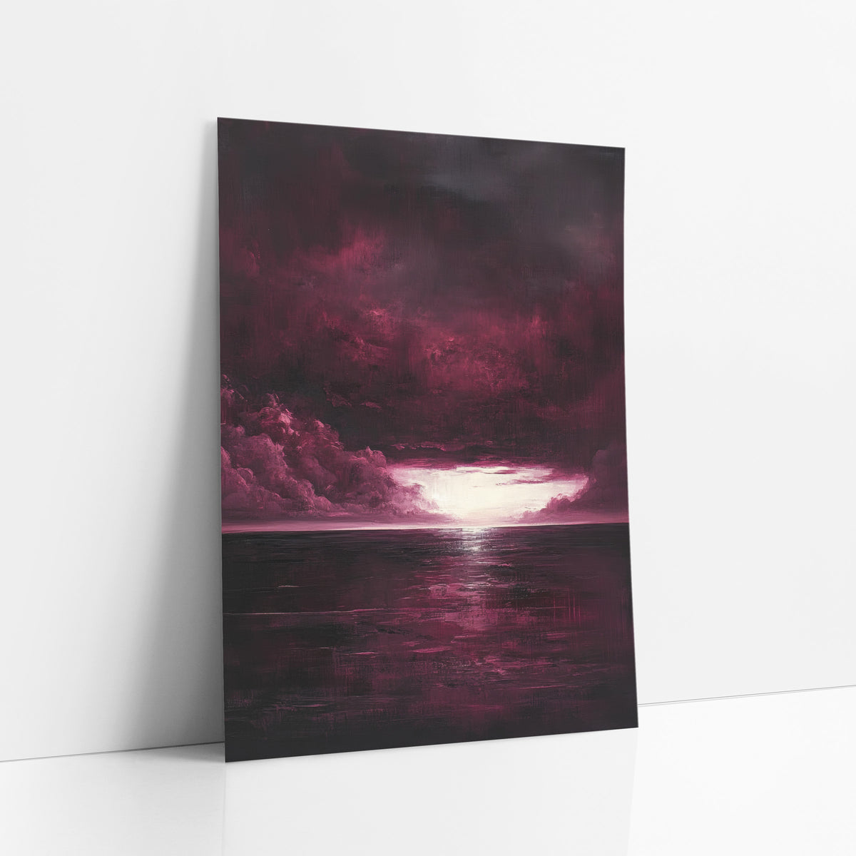 Burgundy Glowing Sky Opening Sea art print leaning against a white wall – burgundy storm clouds part over a dark sea