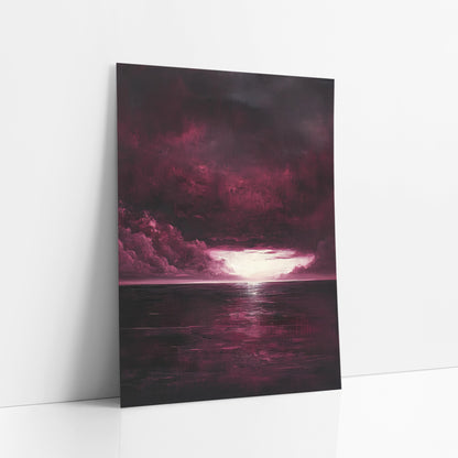 Burgundy Glowing Sky Opening Sea art print leaning against a white wall – burgundy storm clouds part over a dark sea