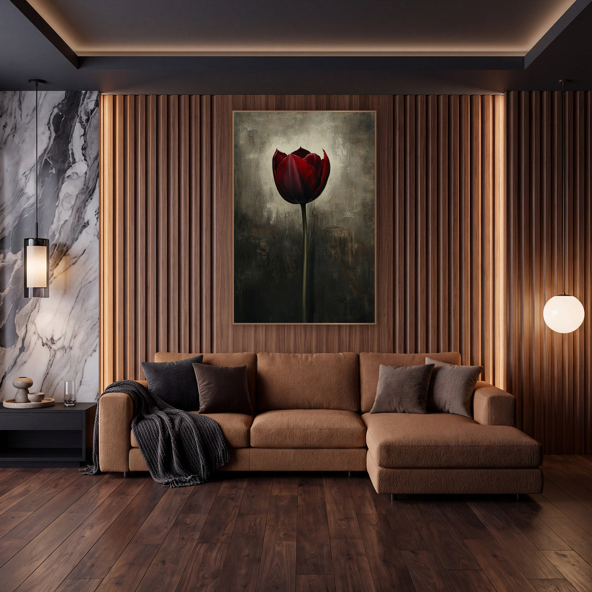 Haloed Burgundy Tulip Glow Oil wall art in an elegant modern room – single deep red tulip on a tall green stem