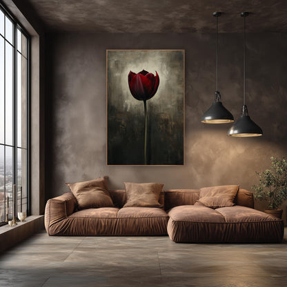 Haloed Burgundy Tulip Glow Oil wall art in an elegant modern room – single deep red tulip on a tall green stem