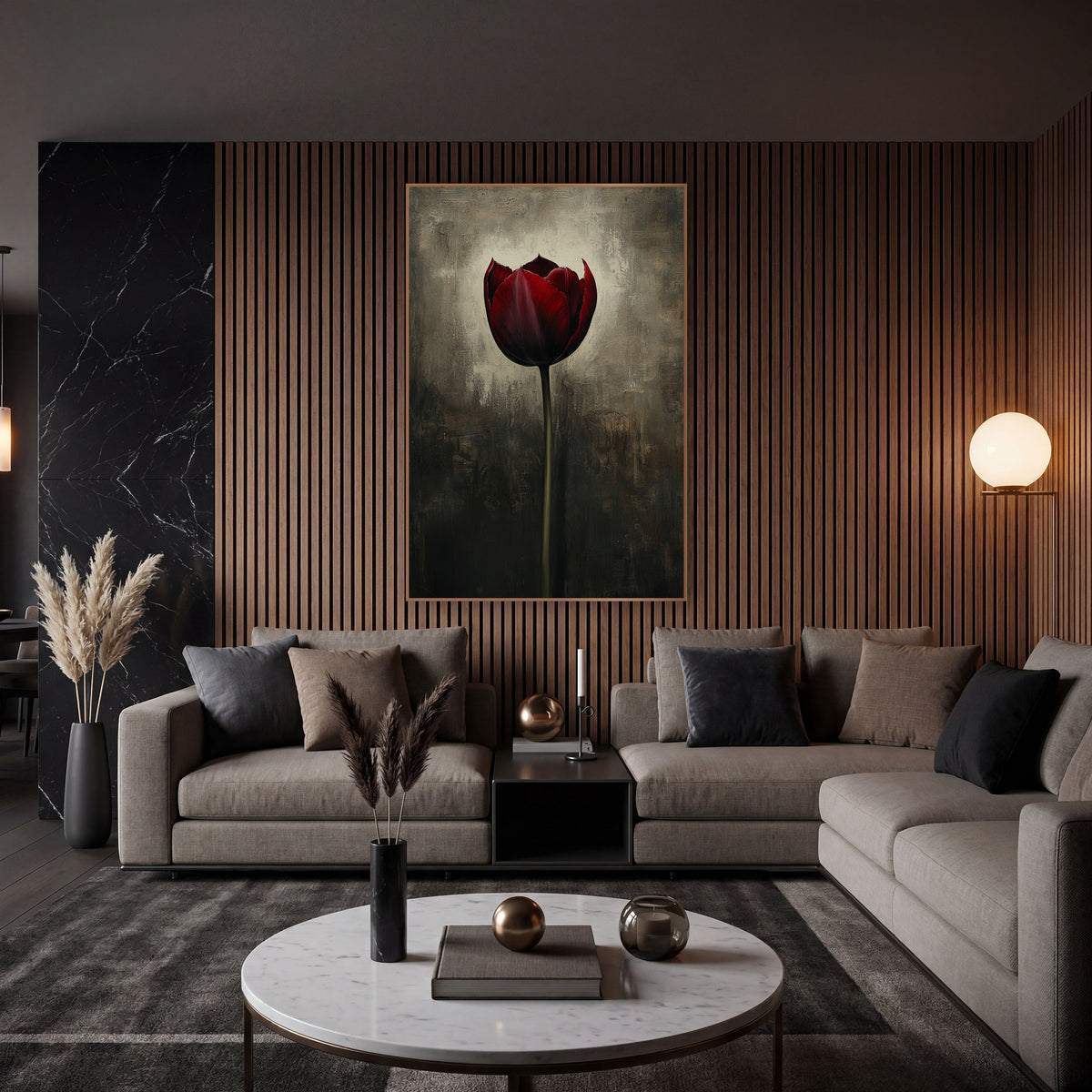 Haloed Burgundy Tulip Glow Oil wall art in an elegant modern room – single deep red tulip on a tall green stem