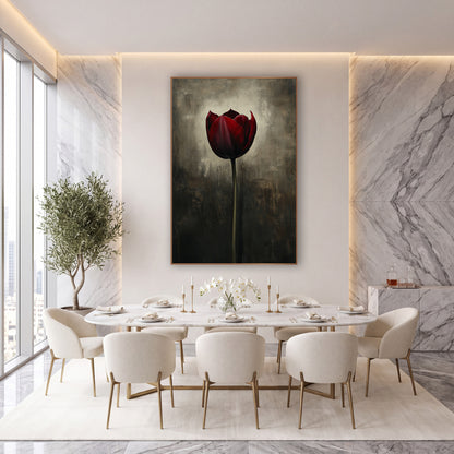 Haloed Burgundy Tulip Glow Oil wall art in an elegant modern room – single deep red tulip on a tall green stem