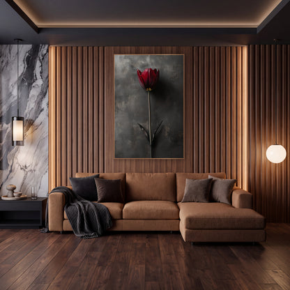 Slate Wall Tulip Leaves Photographic wall art in an elegant modern room – single burgundy tulip on a long stem