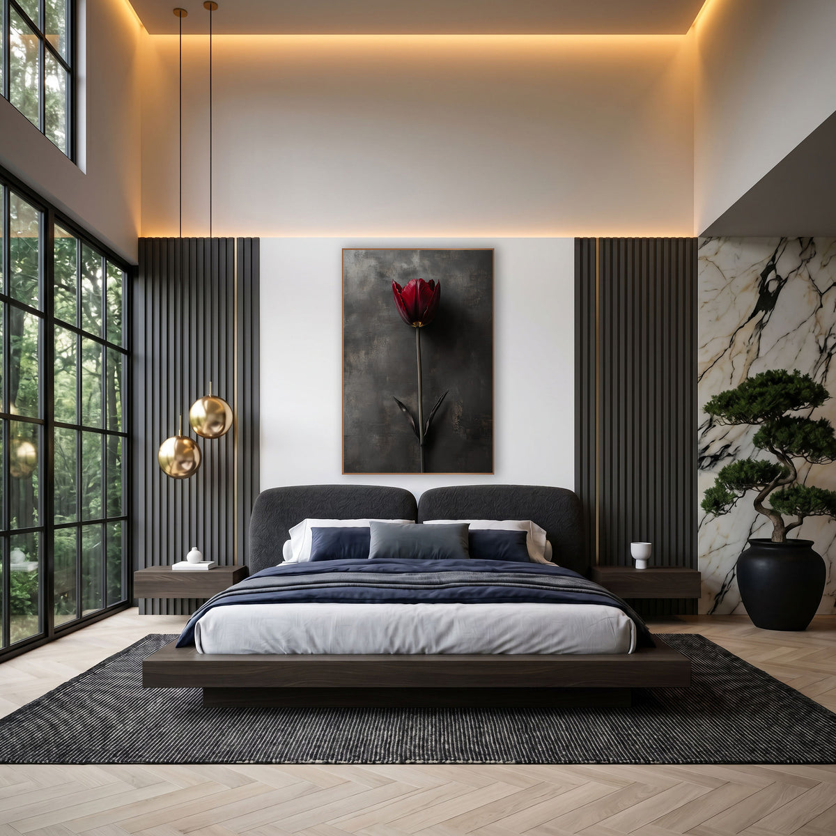 Slate Wall Tulip Leaves Photographic wall art in an elegant modern room – single burgundy tulip on a long stem